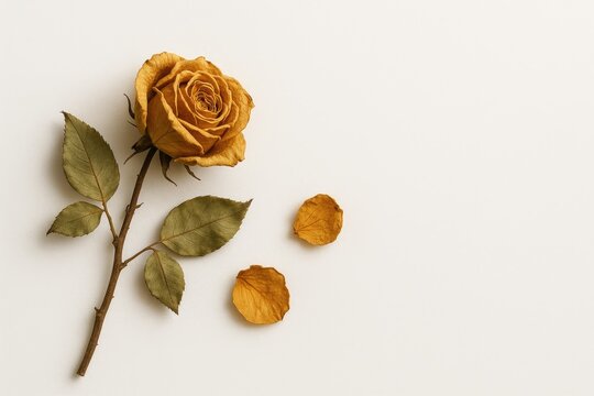 Overhead shot of faded flower roses laid out on a plain white background with empty area - Powered by Adobe