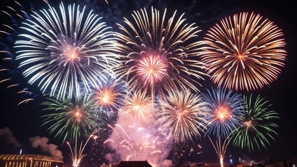 Colorful fireworks burst into stunning shapes and dazzling hues