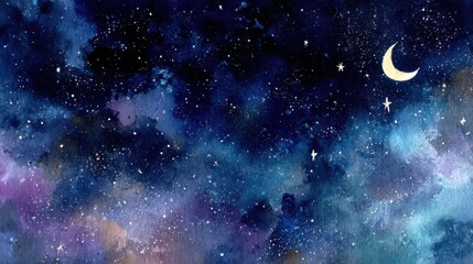 Beautiful watercolor night sky with stars and crescent moon, deep blue and purple hues, celestial tranquility and dreaminess