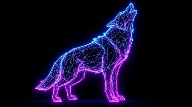 Neon Wolf Howling at Night - A stylized wolf, video in vibrant neon pink and blue, howls at the moon against a stark black background.