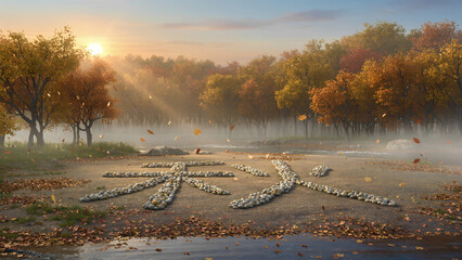 hieroglyphs made of stone lie on the ground forming the word "autumn".