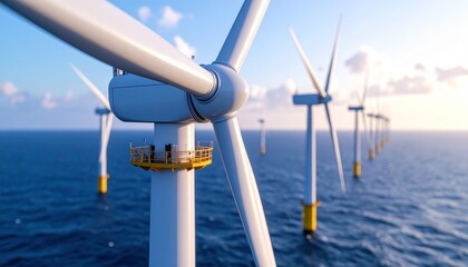 Offshore wind turbines generate clean energy in a serene ocean sunset creating a sustainable future