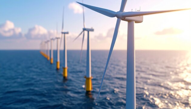 A row of modern offshore wind turbines generating clean, renewable energy in the ocean during a vibrant sunset - Powered by Adobe