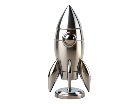 Shiny metallic rocket model isolated on transparent background, a symbol of space exploration, technological innovation, and the pursuit of ambitious goals