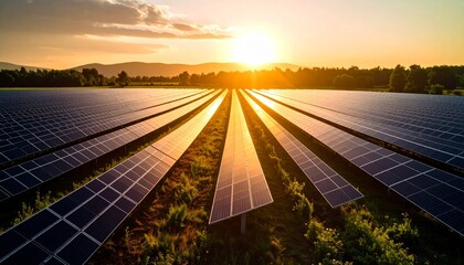 Solar Panel Array at Sunset Sustainable Energy and Renewable Power Generation