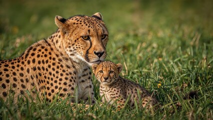 Fototapeta premium Elegant hunter and lovable cub roaming freely in nature
