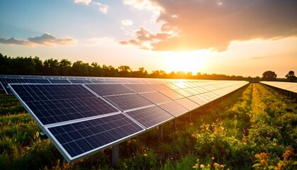 Solar Panels Field at Sunset Renewable Energy Concept