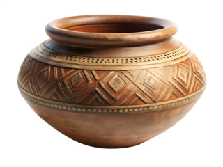 Handmade pottery pot with ethnic pattern, isolated on transparent background, a traditional ceramic craft with rustic texture and ancient design