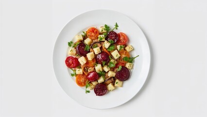 Colorful Plate of Carrot Salad Accompanied by Pickled Beetroot, Roast Potatoes, and Diced Swede