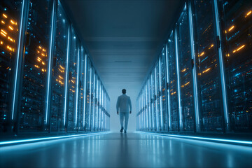 Fototapeta premium Person walks through corridor in data center, surrounded by glowing server racks with blue and orange lights
