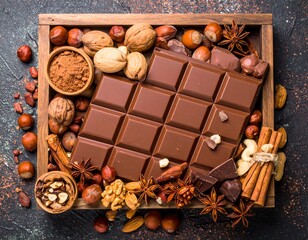 Chocolate and nuts in wooden box