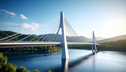 Sleek cable-stayed bridge spanning a calm waterway against a scenic backdrop on a clear day