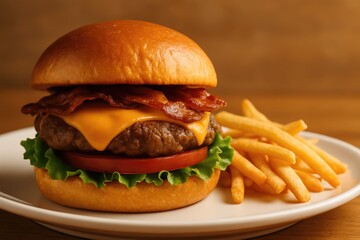 Tasty Cheeseburger Pairing with French Fries and a Customizable Area