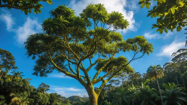 Bright blue sky with a Cecropia tree silhouette