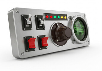 Fototapeta premium Retro-futuristic sci-fi control panel, vintage 1960s Atompunk spaceship dashboard with analog dials and switches, isolated on a white background