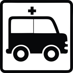 Simple black silhouette of an ambulance with a red cross symbol on a white background