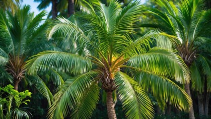 Obraz premium Colorful palm flowers emerging in a dense tropical forest setting with diverse exotic plants