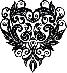 Fototapeta premium Intricate black and white heart shaped floral flourish with swirling vines and leaf motifs