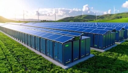 Solar Panel Array in Green Field with Wind Turbines on Horizon Sustainable Energy Concept