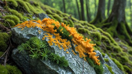 Fototapeta premium Forest stone adorned with vibrant green moss and orange lichens, with lush foliage nearby