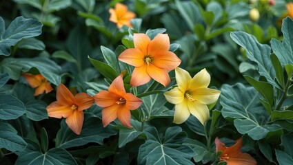 Vivid orange and yellow blossom surrounded by expansive foliage