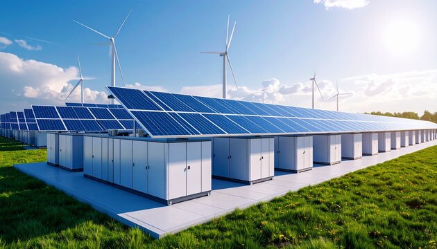 Solar Panel Array and Wind Turbines in a Green Field Landscape