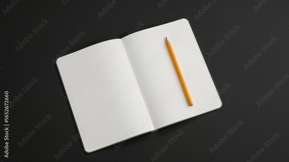 Poster notebook with empty sheets and pencil on dark surface, representing school return theme