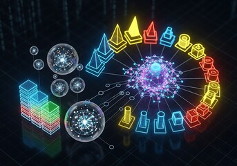 Abstract digital network with glowing nodes and connections, representing data flow and artificial intelligence concepts in a futuristic design