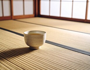Minimal cup of tea on large tatami mat 