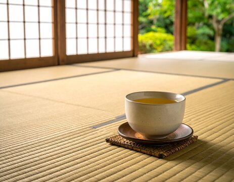 Minimal cup of tea on large tatami mat 