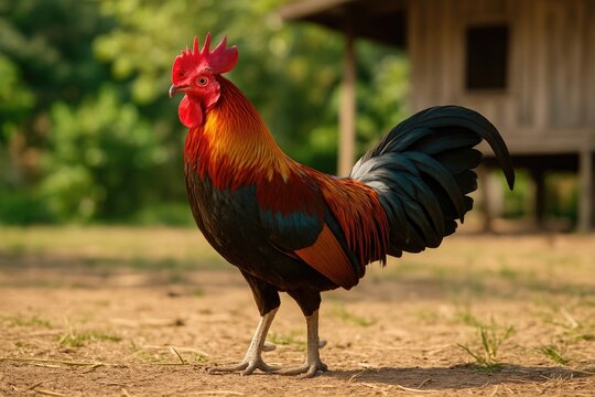 Striking male red Junglefowl spotted in a lush environment