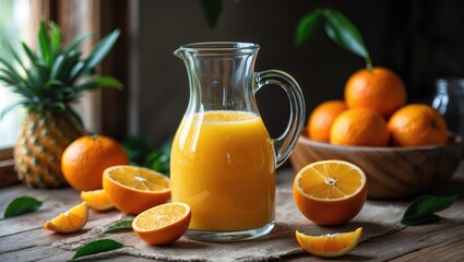 Glass jug filled with vibrant orange juice