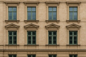 Fototapeta premium Historic apartment building showcasing a series of windows on its facade