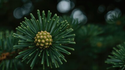 Fototapeta premium Zoomed-in image of a green fir cone highlighting its texture and colors against a softly blurred backdrop.