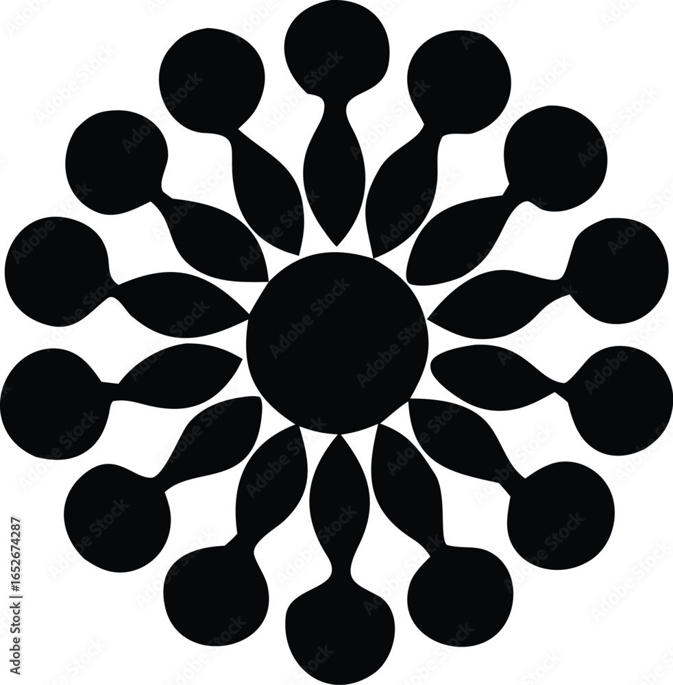 Poster intricate black and white radial pattern featuring a central circle with repeating petal like and bu