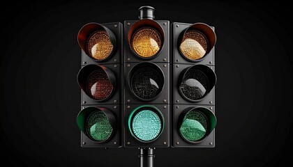 Traffic Signal Lights Illuminated A Close-Up View of Red, Yellow, and Green Illumination Against a Dark Background