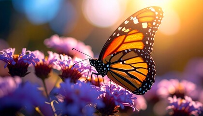A vibrant monarch butterfly delicately perches on a radiant purple flower, bathed in the warm, golden glow of the sun, capturing nature's exquisite beauty and tranquil serenity