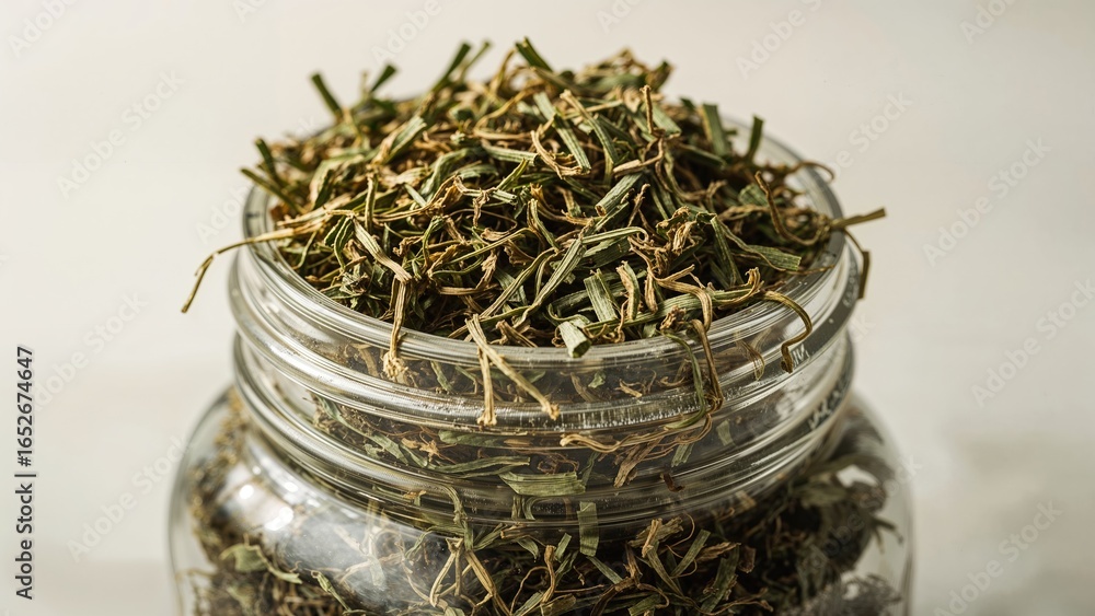 Poster close-up image of shredded dried oregano stored in a transparent jar