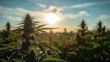 Dark shapes of hemp and marijuana highlighted by sunlight with a blurred cannabis setting