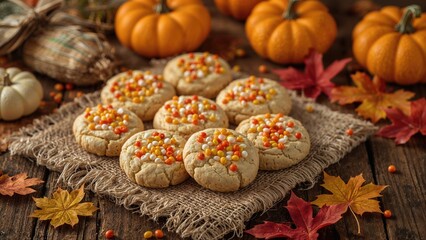 Fototapeta premium Shortbread treats adorned with vibrant orange and yellow candy bits for a cheerful autumn celebration
