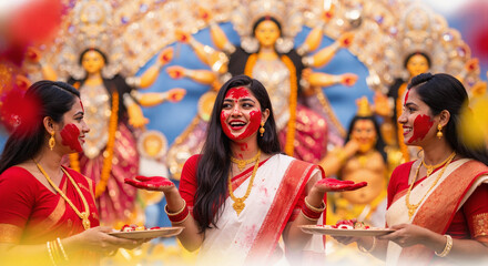 Devotee blowing conch before Goddess Durga