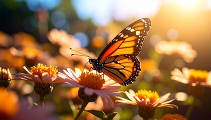 Obraz premium Butterfly on a Daisy in Golden Light Nature's Beauty Captured