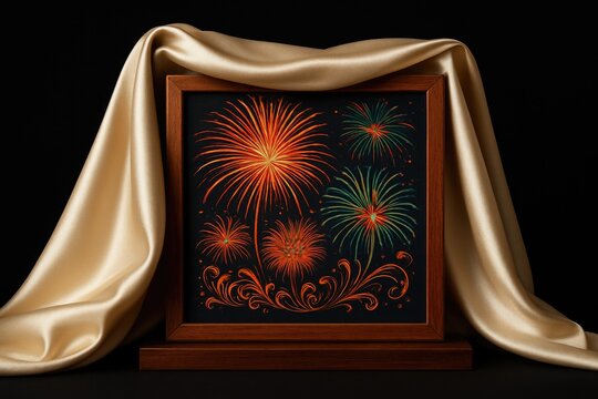 Luxurious fabric unveiling a suspended wooden framework with a black background, decorative wallpaper design