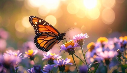 Monarch Butterfly on Colorful Flowers A Vibrant Scene of Nature's Beauty in Bloom