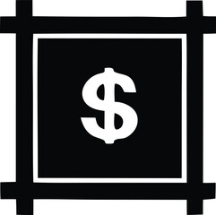 Bold white dollar sign centered within a black square framed by thick black lines