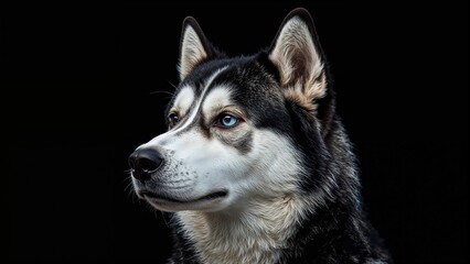 Profile shot of a blue-eyed black and white Husky dog looking right with a solid black background