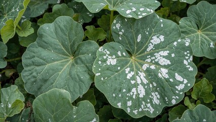 Outdoor garden pumpkin leaves showing signs of fungal infection with a powdery white coating on their surface surrounded by lush foliage