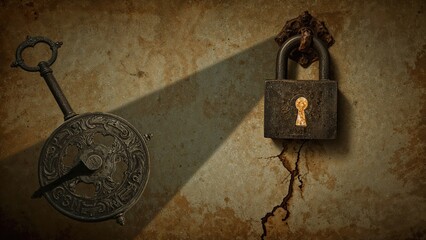 Silhouette of a key nearing a lock attached to a surface