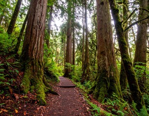 Obraz premium Lush forest trail through towering trees