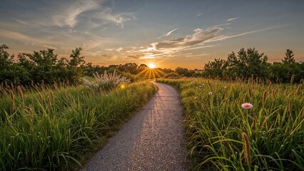 Sunset light creating long shadows across a grassy outdoor path